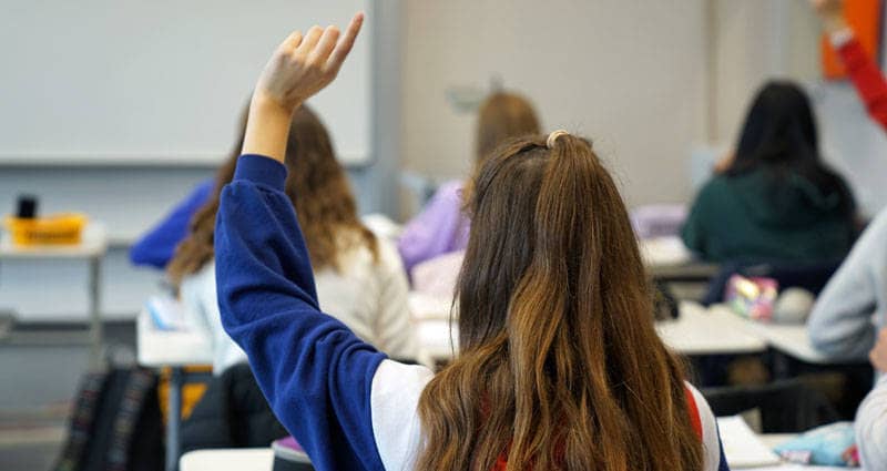 Eine Schülerin im Klassenzimmer hebt die Hand, um etwas sagen zu dürfen.