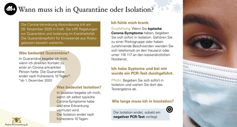 Hinweise zu Quarantäne und Isolation. Der Inhalt steht barrierefrei auf der Website von Baden-Württemberg zur Verfügung (Link ist im obigen Text angegeben).